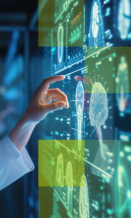  Scientist using digital touchscreen to analyze brain scans with AI technology, reflecting Hogan Lovells’ role in the Global AI Healthcare Coalition.