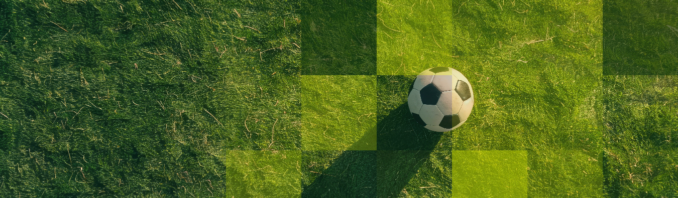 A soccer ball on a grass pitch, overlaid with Hogan Lovells brand blocks—representing the firm’s involvement in a major sports-related legal case.