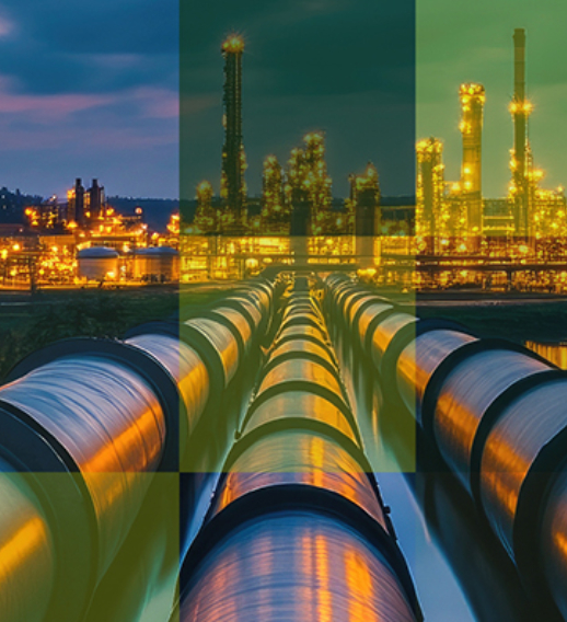  Oil and gas pipelines leading to illuminated refinery at night – Hogan Lovells ORLEN case study on energy sector financing and infrastructure.