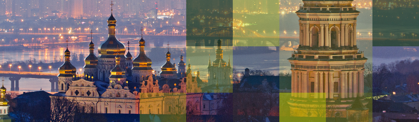 A cityscape of Kyiv, Ukraine at sunset with illuminated domes and towers overlaid by transparent Hogan Lovells brand blocks—representing the firm’s work on a landmark legal case involving Ukraine.